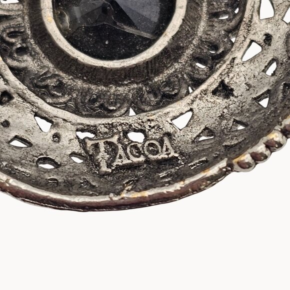 VTG Brooch Tacoa Signed Cabochon Black Rhinestone SilverTone Filigree Whimsygoth - Picture 6 of 12